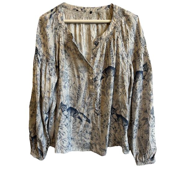 Fox Animal Print Blouse Boho Peasant Shirt Sheer Pinstripe Wildlife Fairy M-L - Picture 1 of 13